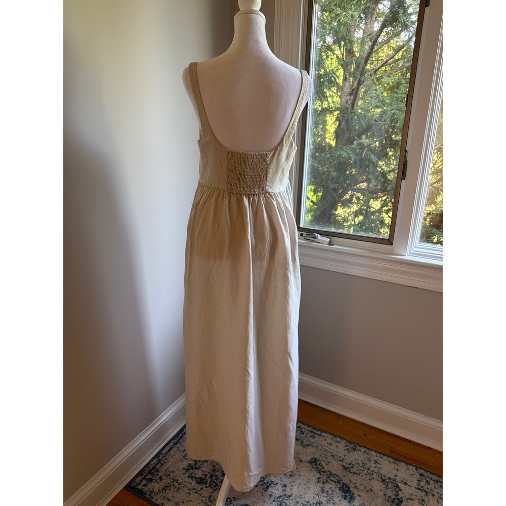 Zara Womens Beige Linen Blend Square Neck Smocked Back Maxi Dress Size M - Picture 2 of 9